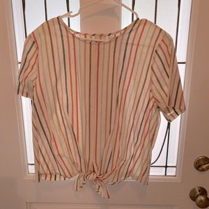 Madewell Short-Sleeve Striped Tie-Front Top in Cream, Pink, Blue
